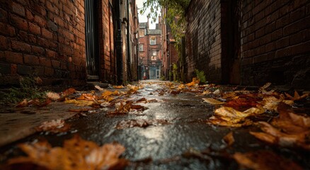 Narrow urban alleyway in autumn, with fallen leaves and brick walls