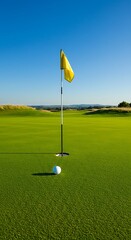Obraz premium Golf ball on green near flagstick on sunny day with blue sky.