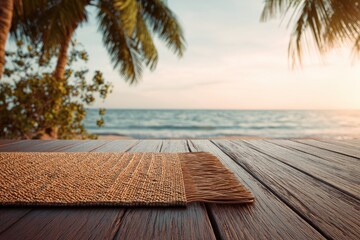 Tropical beach scene with a wooden table, textured mat, palm trees, and the ocean in the distance