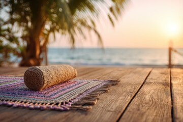 Rolled mat on textured rug sits on weathered wooden deck, overlooking tranquil ocean sunset