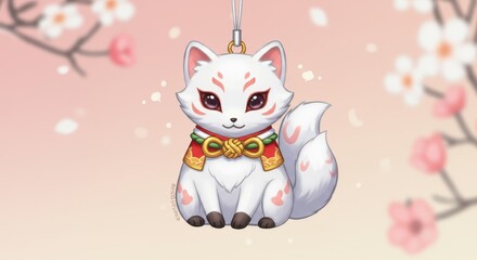 Obraz premium Cute white mythical spirit animal charm hangs against a soft background of blooming cherry blossoms