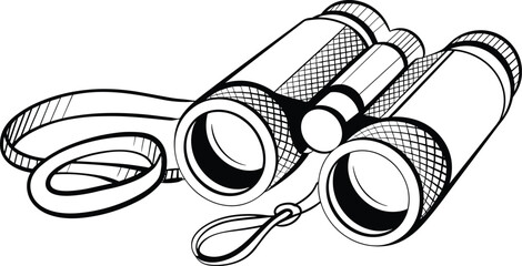 Binoculars illustration, black and white optical device icon, stylized field gear graphic, outdoor observation tool, vintage binocular design, nature exploration accessory
