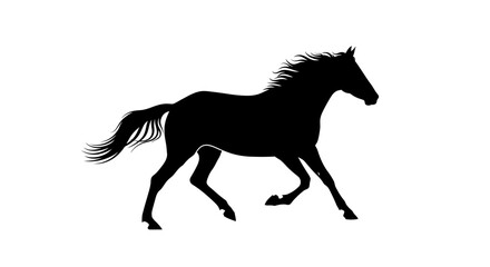 Dynamic black silhouette of a powerful horse galloping with flowing mane and tail, conveying freedom and strength. © M FAIZAL