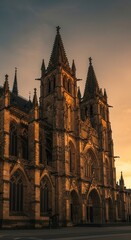 Fototapeta premium Imposing religious structure facade illuminated by warm sunset glow