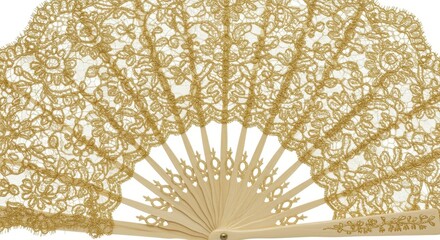 Ornate golden lace handheld accessory displays intricate floral patterns against a white background