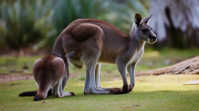 A kangaroo and a joey are standing on grass. The kangaroo is looking at the joey in a relaxed manner Stock Video