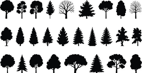 Tree silhouettes, botanical icons, forest shapes, foliage patterns, leafless trees, coniferous trees, landscape design, nature graphics, black and white, tree types, illustration set © Its Marjia's World