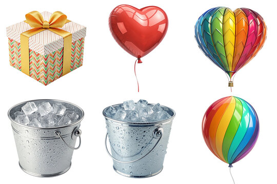Gift box gold ribbon heart balloon rainbow hot air balloon metal ice bucket ice cubes colorful balloon festive celebration joy