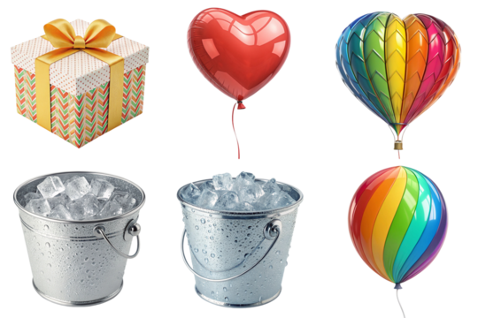 Gift box gold ribbon heart balloon rainbow hot air balloon metal ice bucket ice cubes colorful balloon festive celebration joy - Powered by Adobe
