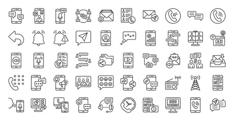 communication icon set outline collection containing text message, video call, group chat, email inbox, contact list, send mail, receive call, chat bubble, phone call, notification, direct message