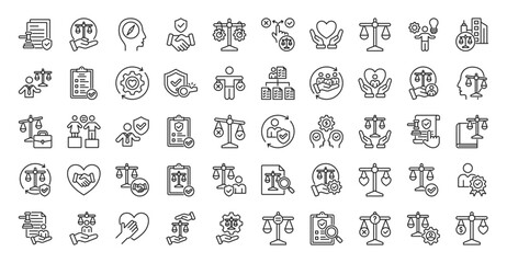 ethics icon set outline collection containing code of conduct, ethical, standard, moral compass, shield, trust balance, decision, honesty, justice, corporate, leadership, check, alignment, principle
