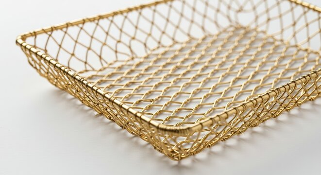 Rectangular wire mesh storage container features a brilliant golden finish