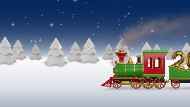 New year animation with steam train on winter landscape. Steam train with numbers 2026 in the carriages travels through a snowy landscape. looped animation with falling snowflakes 