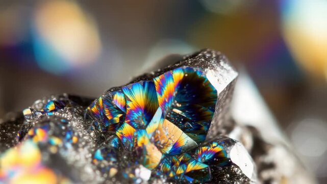 Close up of a pyrite crystal displaying iridescent colors and textures