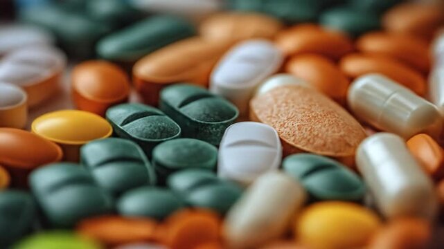 A close-up, shallow focus shot of a large pile of colorful pills and capsules