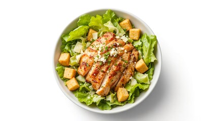 Bowl of Caesar salad with lettuce, croutons, grilled chicken, and parmesan cheese, isolated on white background