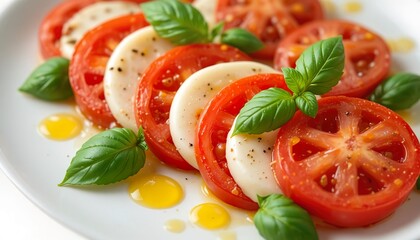 Plate of tomato and mozzarella slices with fresh basil leaves drizzled with olive oil, fresh Mediterranean salad