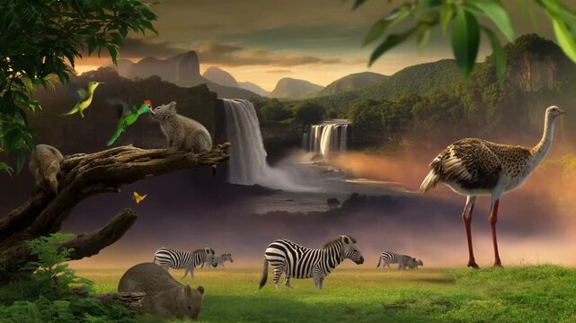 A serene landscape showcases diverse animals coexisting harmoniously near a waterfall Stock Video