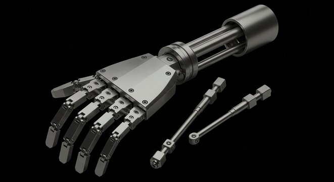 Metallic prosthetic hand assembly rests against a solid black background with detached mechanical linkages.