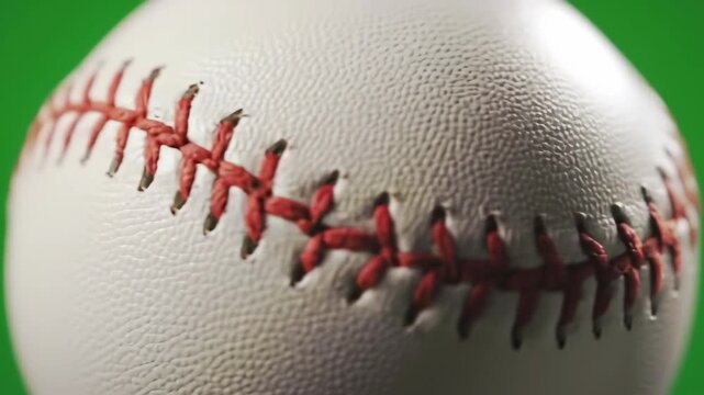 Close-up of a baseball with red stitching against a vibrant green background, highlighting the texture and craftsmanship of the sports equipment.