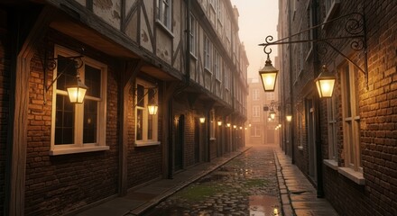 Obraz premium Charming cobblestone alleyway bathed in the warm glow of vintage gas lanterns creating a serene