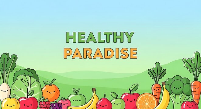 Healthy Paradise Cartoon Fruits and Vegetables Border with Rolling Hills Background.