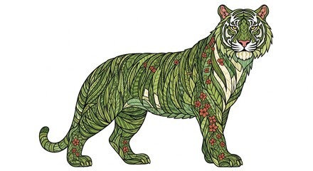Fototapeta premium Stylized green tiger illustration with intricate botanical patterns of leaves and flowers. A fantasy wildlife concept merging animal and nature