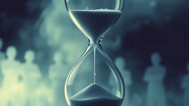 evanescence. An hourglass with liquid time dripping away, surrounded by faint ghostly silhouettes, symbolizing fleeting moments of life. wellbeing guides.