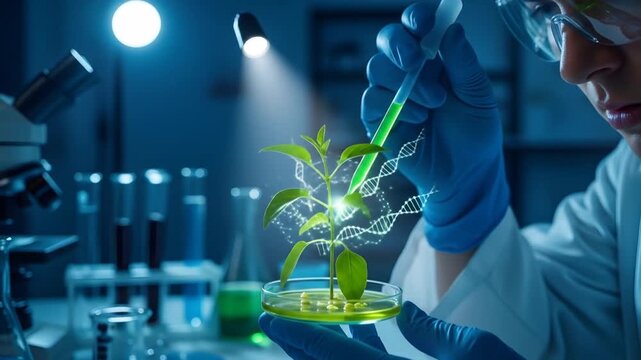 Botanical laboratory research with plant growth and DNA visualization, science and genetics