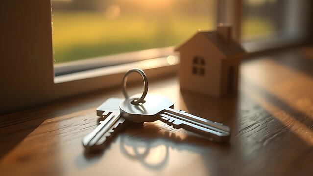 doorframe. Shiny metal house keys on a wooden surface, symbolizing property transfer in warm light. pitch deck slides.