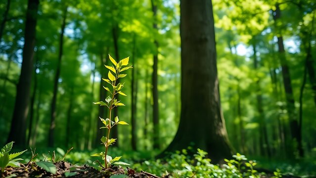 followership. A young sapling grows beside a mature tree in a sun-dappled forest, symbolizing the cycle of life. ESG reports, sustainability campaigns, designed for environmental awareness campaigns.