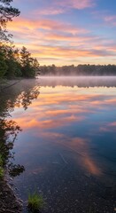 Fototapeta premium Vibrant pastel clouds reflect perfectly on a still lake surface shrouded in morning mist