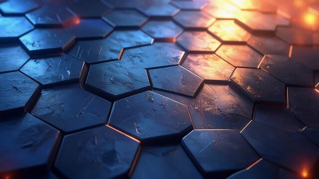 六角形のパネルが金属光沢で立体的に構成された未来的な壁紙背景の構図