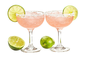 Two elegant pink cocktails with salt rim, ice and fresh lime