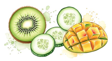 Fresh fruit arrangement featuring kiwi, cucumber, and mango slices.