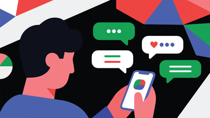 illustration vector someone learning a new language using a mobile app, with speech bubbles showing simple phrases.eps © BedRoses