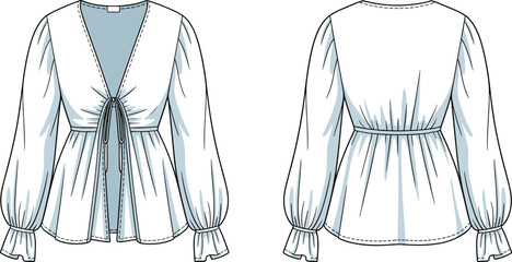 PrintFashion flat sketch of women blouse top with puff sleeves, front tie knot, gathered waist, flared hem, technical drawing design.