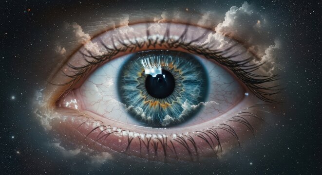 Human eye merges with cosmic nebula and ethereal clouds in a surreal digital composition