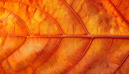 Obraz premium A single vibrant orange autumn leaf showing detailed vein patterns. Fall season nature macro photography