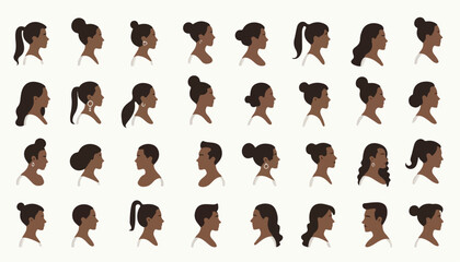Set of women vector cartoon character faces icon illustration with diverse expressions