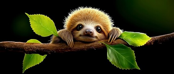 Naklejka premium Charming Sloth Clinging to Branch Tropical Rainforest Wildlife Photography Lush Greenery Close-Up Animal Conservation