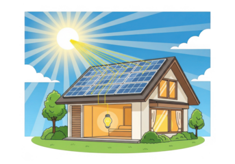 Cartoon house with solar panels under a bright sun isolated on transparent background