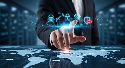 Businessman touching digital security icons cybersecurity concept with global network data protection in server room