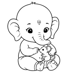 Naklejka premium Ganesha, Adorable baby elephant holding a tiny mouse in its trunk, sitting peacefully with a serene expression, symbolizing friendship and innocence.
