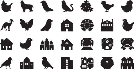 Set of black silhouette animal icons including cat and dog illustrations