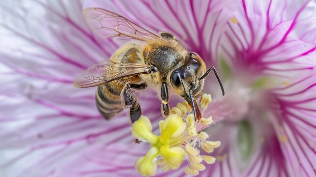 Closeup Bee Pollinating Pink Flower with Yellow Stamen and Veined Petals - Powered by Adobe
