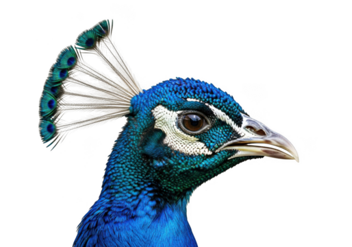Close up of a vibrant blue peacock head isolated on transparent background