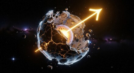 Cosmic arrow piercing a shattered world symbolizing future space endeavors and exploration beyond