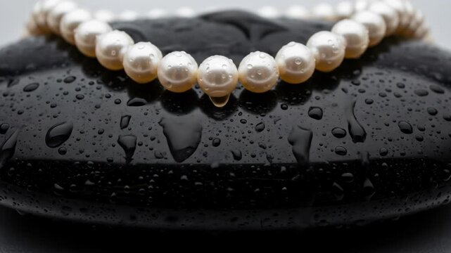 Elegant pearl necklace resting on smooth wet black stone with water droplets. Sophisticated jewelry with pearl necklace on wet stone.