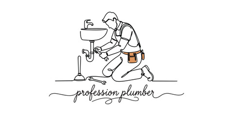 Minimalist line art illustration of a professional plumber fixing a sink pipe. Ideal for home repair services, plumbing business branding, maintenance blogs, technical training visuals